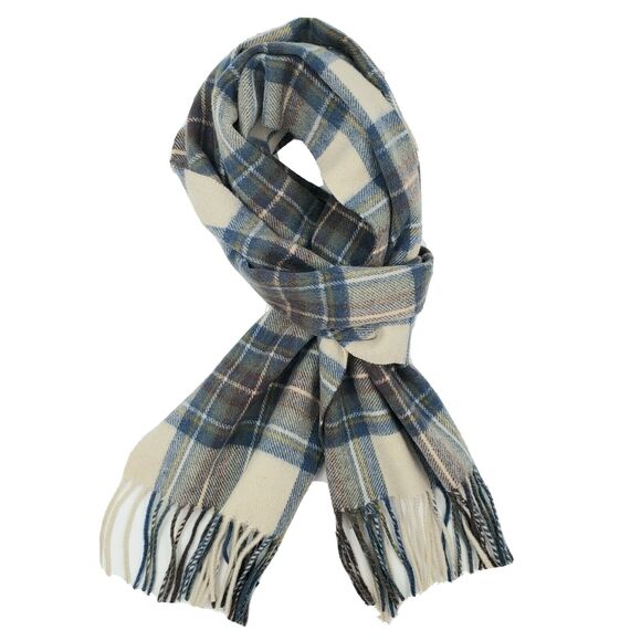 Pringle Weavers Wool Scarf Tartan Plaid Blue Ivory Preppy Eclectic Grandpa NOS - Picture 1 of 7